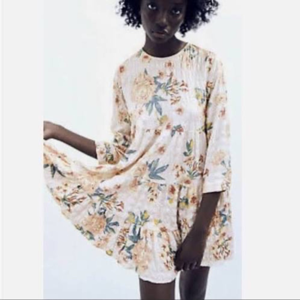 Zara The Sharon Puckered Cream Floral Tiered Mini Dress Sz XS